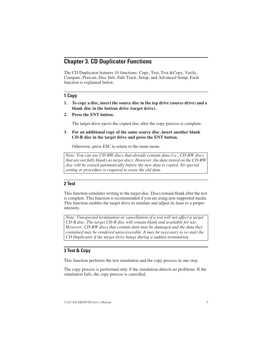 Chapter 3. cd duplicator functions, 1 copy, 2 test | 3 test & copy, 1 copy 2 test 3 test & copy | Teac CD-D11U User Manual | Page 17 / 32