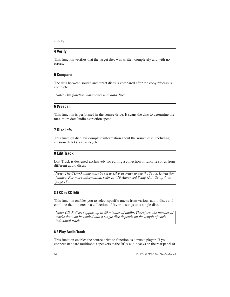 4 verify, 5 compare, 6 prescan | 7 disc info, 8 edit track, 1 cd to cd edit, 2 play audio track, 1 cd to cd edit 8.2 play audio track | Teac CD-D11U User Manual | Page 18 / 32