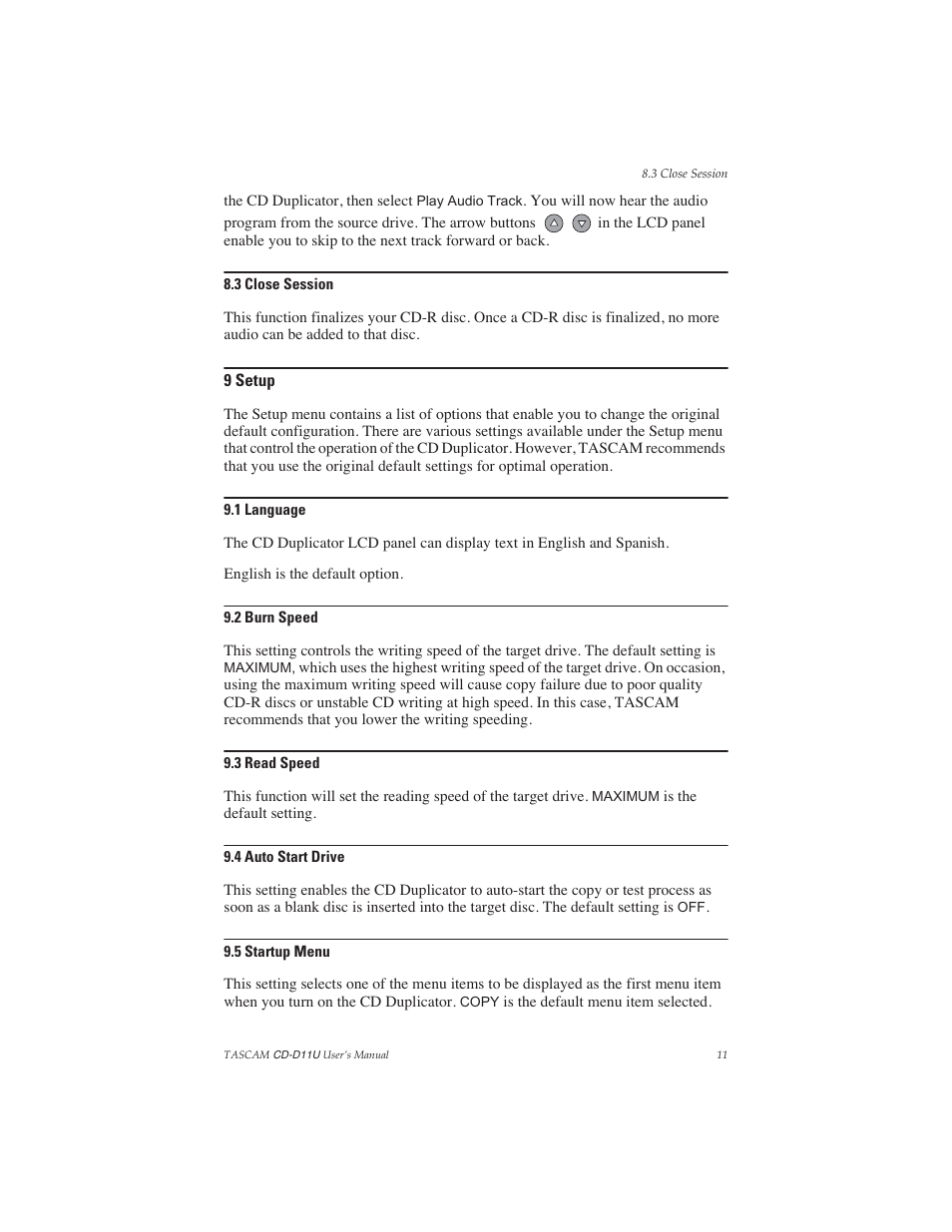 3 close session, 9 setup, 1 language | 2 burn speed, 3 read speed, 4 auto start drive, 5 startup menu | Teac CD-D11U User Manual | Page 19 / 32