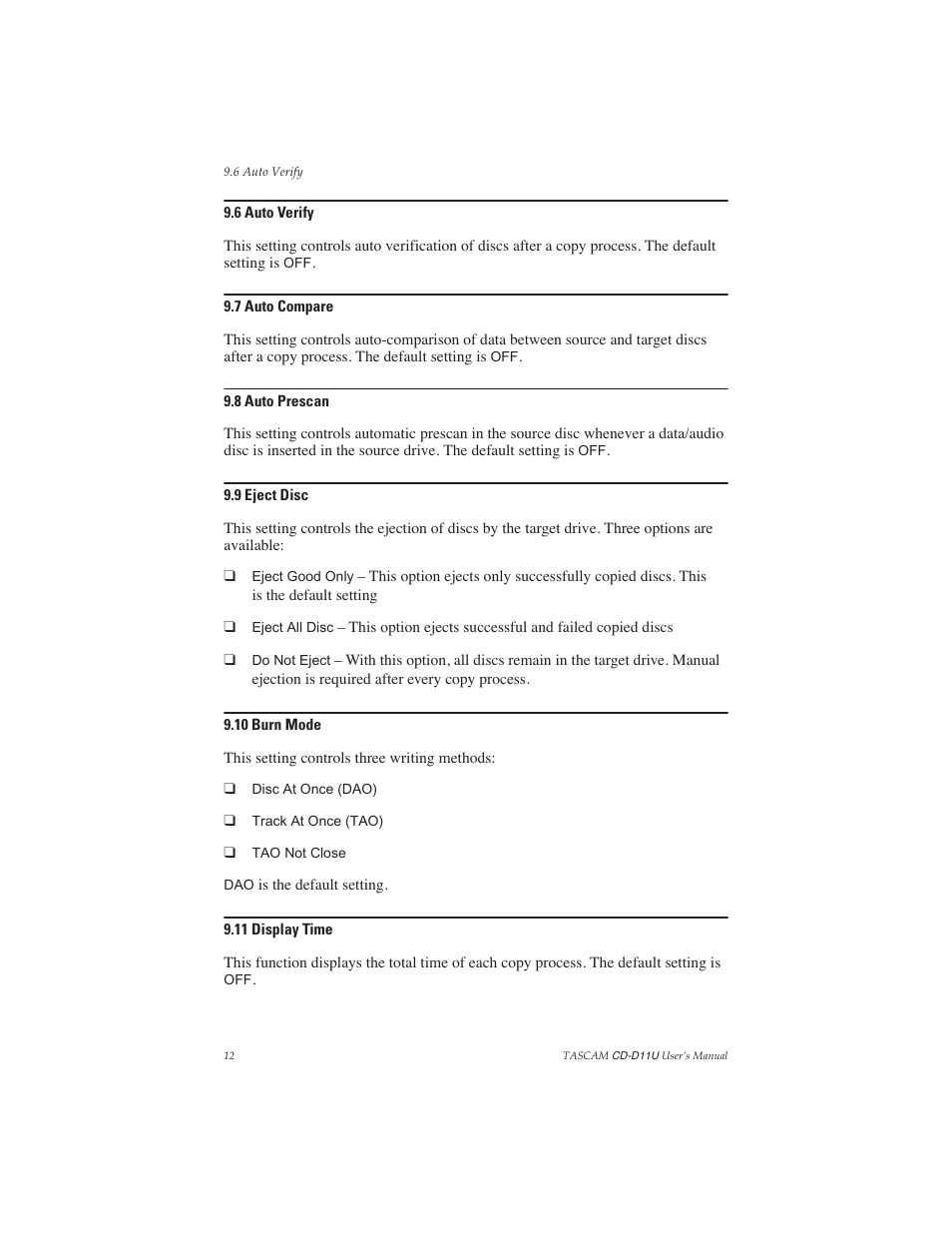 6 auto verify, 7 auto compare, 8 auto prescan | 9 eject disc, 10 burn mode, 11 display time | Teac CD-D11U User Manual | Page 20 / 32