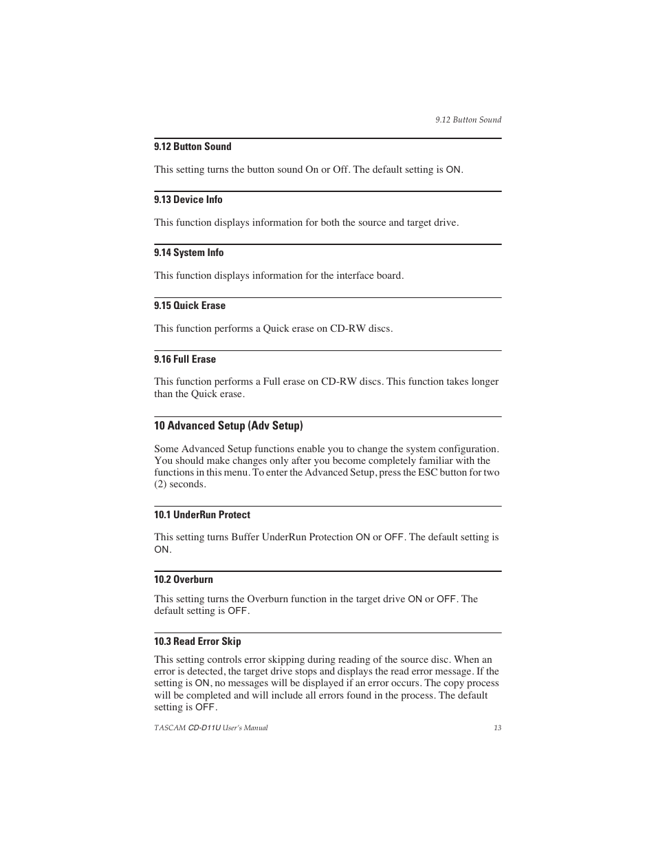 12 button sound, 13 device info, 14 system info | 15 quick erase, 16 full erase, 10 advanced setup (adv setup), 1 underrun protect, 2 overburn, 3 read error skip, 12 button sound 9.13 device info 9.14 system info | Teac CD-D11U User Manual | Page 21 / 32