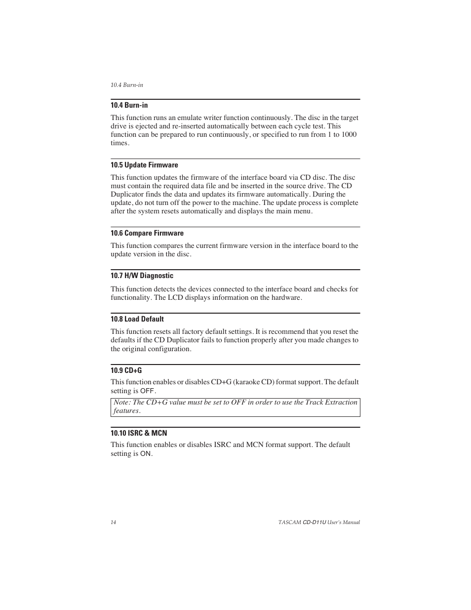 4 burn-in, 5 update firmware, 6 compare firmware | 7 h/w diagnostic, 8 load default, 9 cd+g, 10 isrc & mcn | Teac CD-D11U User Manual | Page 22 / 32