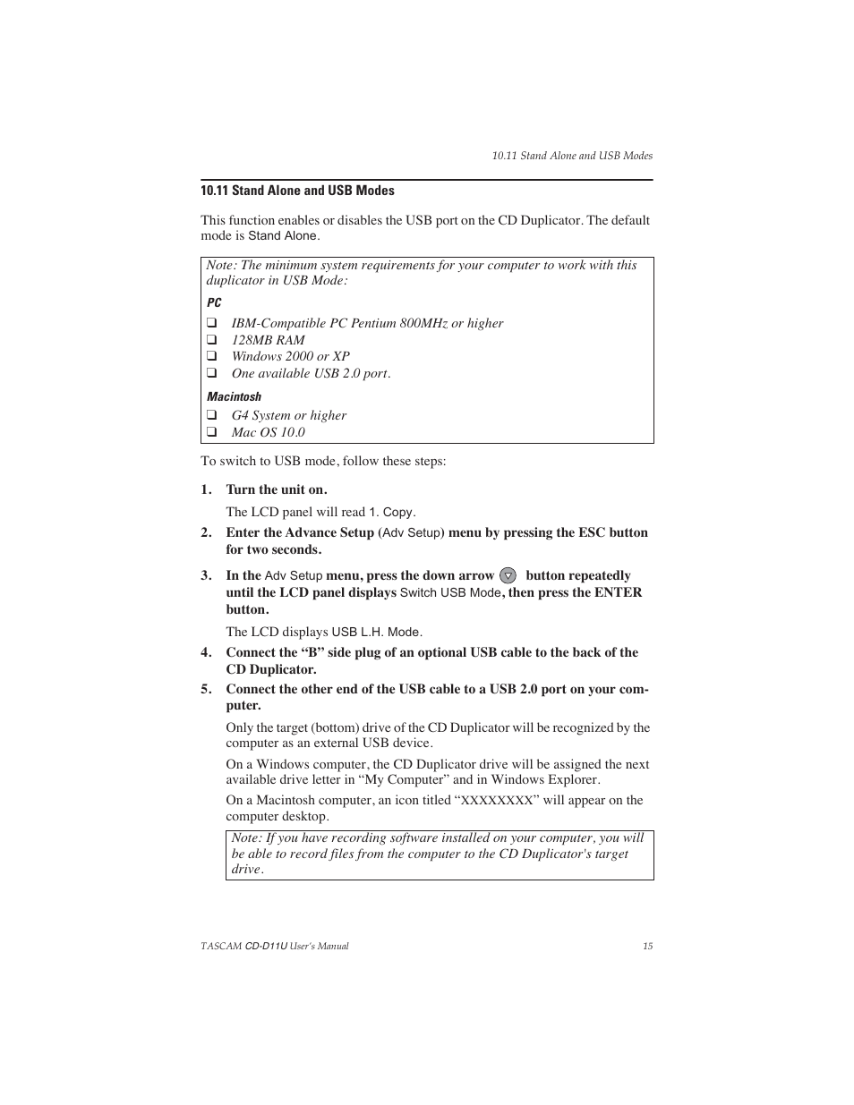 11 stand alone and usb modes, Macintosh | Teac CD-D11U User Manual | Page 23 / 32