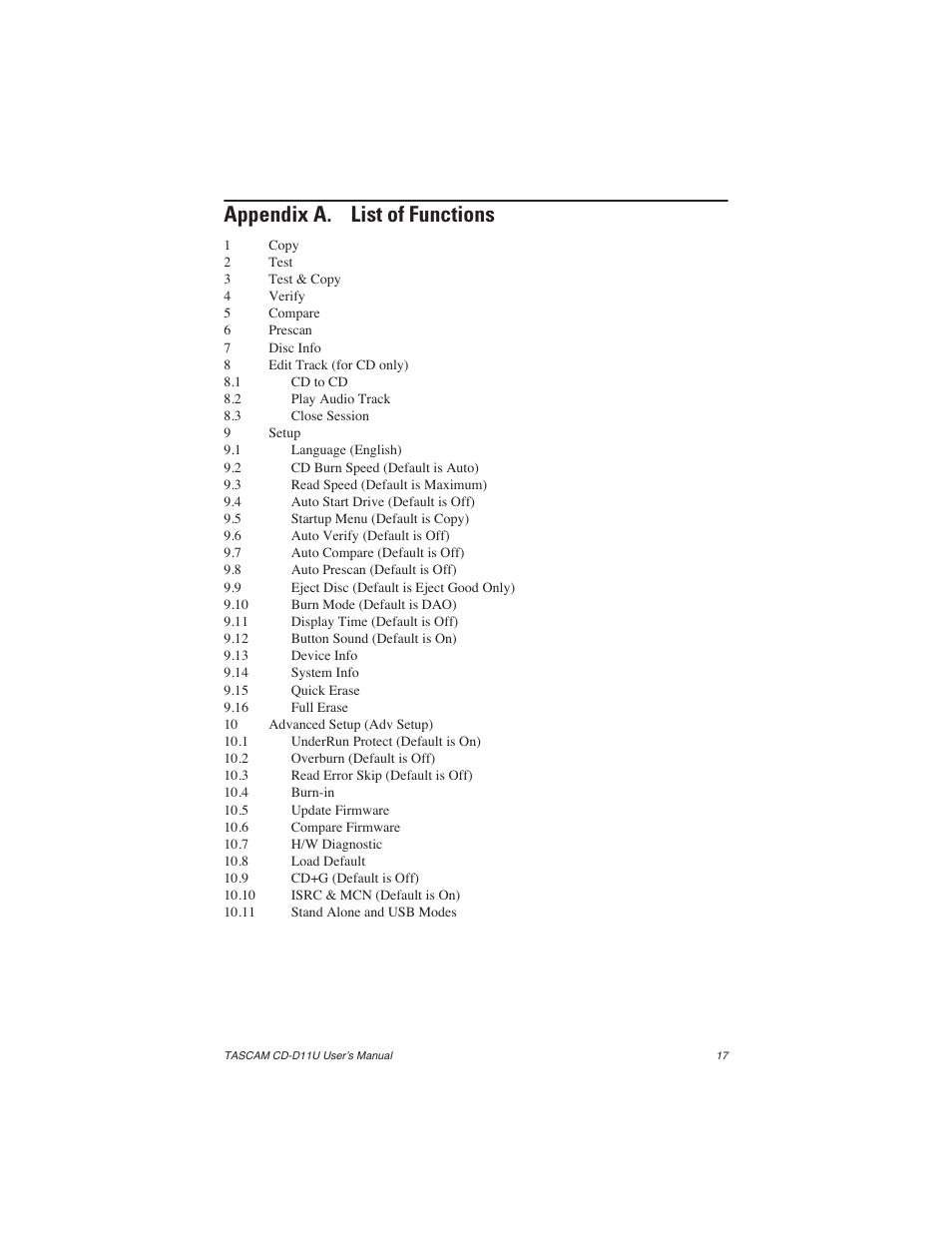 Appendix a. list of functions | Teac CD-D11U User Manual | Page 25 / 32