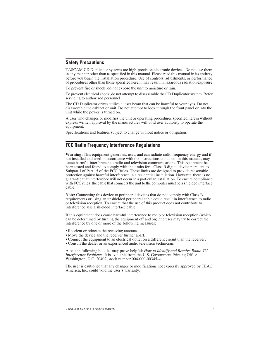 Safety precautions, Fcc radio frequency interference regulations | Teac CD-D11U User Manual | Page 3 / 32