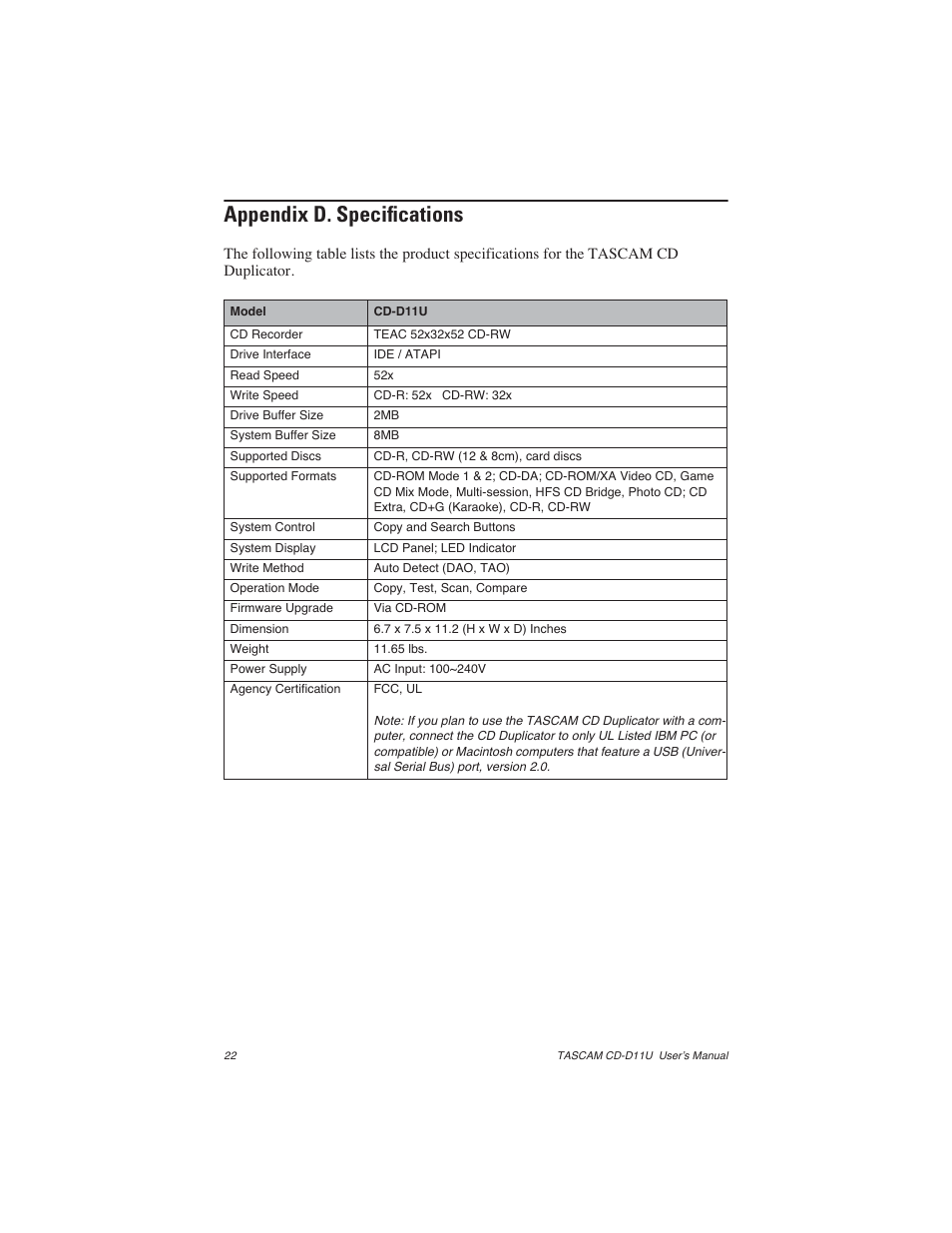 Appendix d. specifications | Teac CD-D11U User Manual | Page 30 / 32