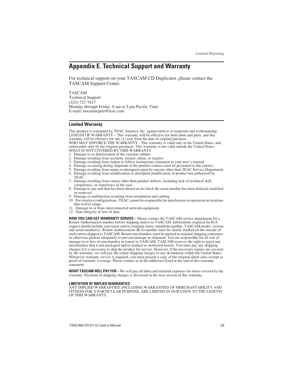 Appendix e. technical support and warranty, Limited warranty | Teac CD-D11U User Manual | Page 31 / 32