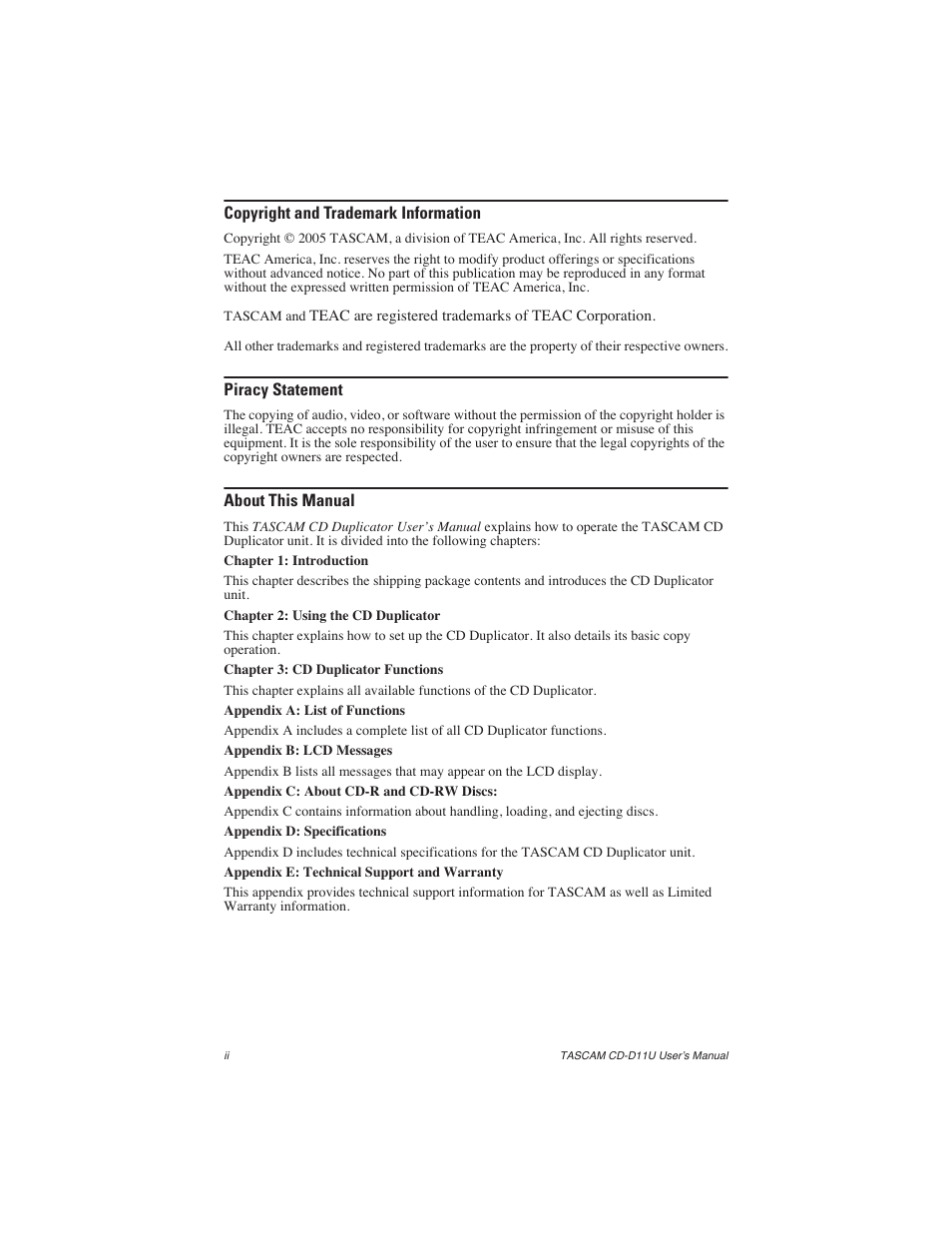 Copyright and trademark information, Piracy statement, About this manual | Teac CD-D11U User Manual | Page 4 / 32