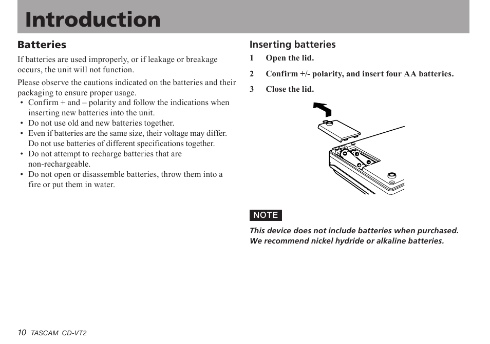 Batteries, Inserting batteries, Inserting.batteries | Introduction | Teac CD-VT2 User Manual | Page 10 / 40