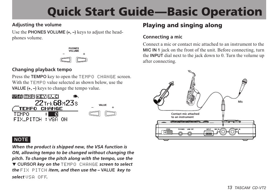 Playing and singing along, Playing.and.singing.along, Important safety instructions | Quick start guide—basic operation | Teac CD-VT2 User Manual | Page 13 / 40