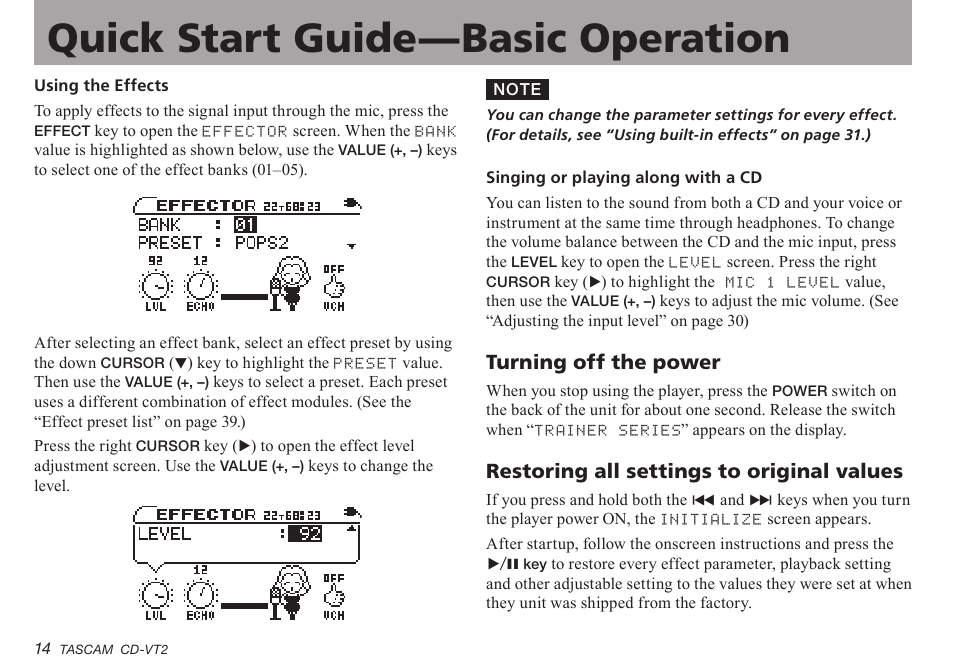 Turning off the power, Restoring all settings to original values, Turning.off.the.power | Restoring.all.settings.to.original.values | Teac CD-VT2 User Manual | Page 14 / 40