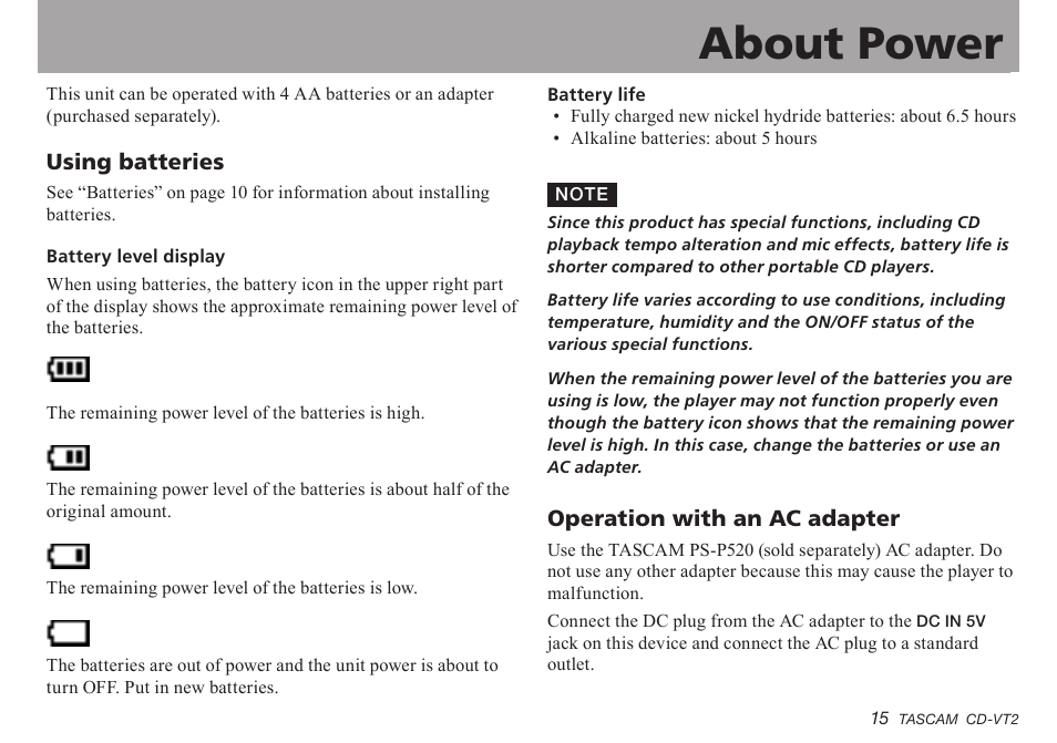 About power, Using batteries, Operation with an ac adapter | Using.batteries, Operation.with.an.ac.adapter, Important safety instructions | Teac CD-VT2 User Manual | Page 15 / 40