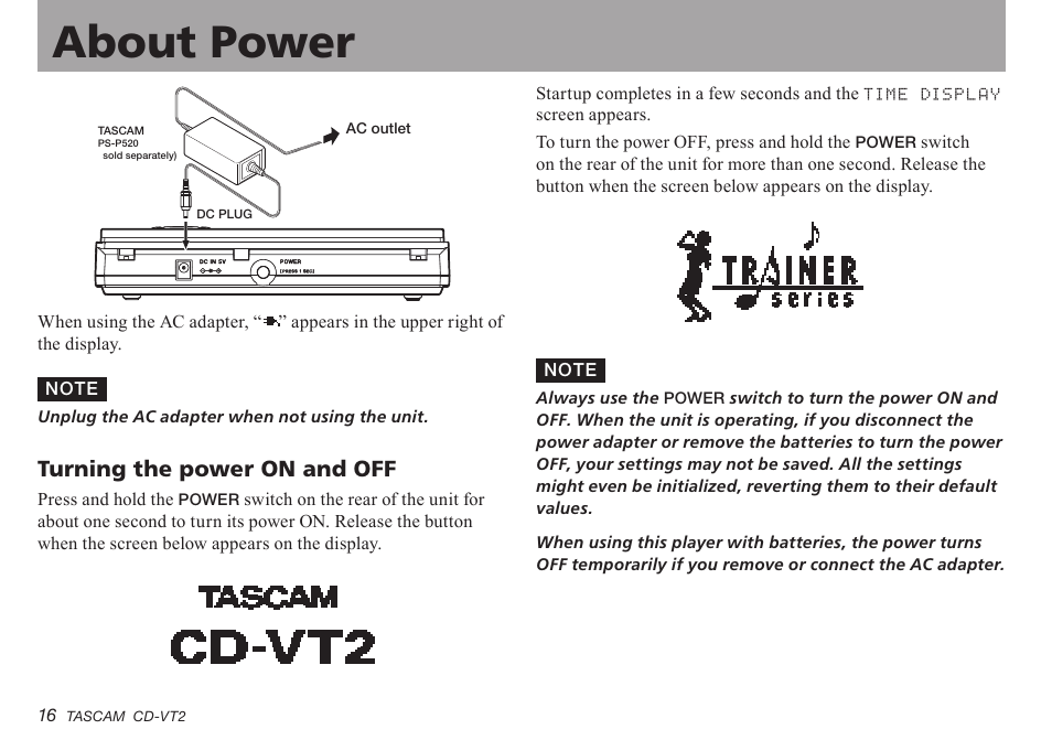 Turning the power on and off, Turning.the.power.on.and.off, Important safety precautions about power | Teac CD-VT2 User Manual | Page 16 / 40