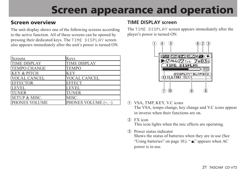 Screen appearance and operation, Screen overview, Time display screen | Screen.overview, Time.display.screen, Important safety instructions | Teac CD-VT2 User Manual | Page 21 / 40