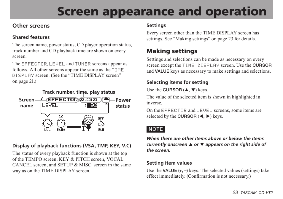 Other screens, Making settings, Other.screens | Making.settings, Important safety instructions, Screen appearance and operation | Teac CD-VT2 User Manual | Page 23 / 40