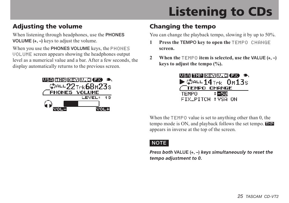 Adjusting the volume, Changing the tempo, Adjusting.the.volume | Changing.the.tempo, Important safety instructions, Listening to cds | Teac CD-VT2 User Manual | Page 25 / 40