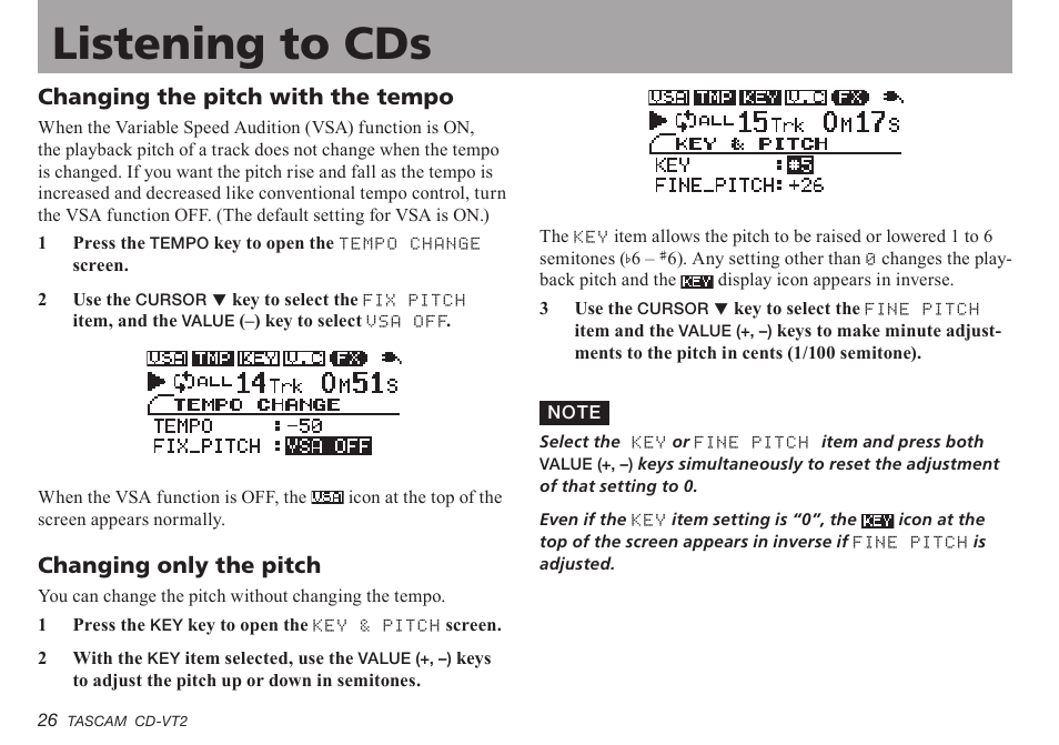 Changing the pitch with the tempo, Changing only the pitch, Changing.the.pitch.with.the.tempo | Changing.only.the.pitch, Important safety precautions listening to cds | Teac CD-VT2 User Manual | Page 26 / 40