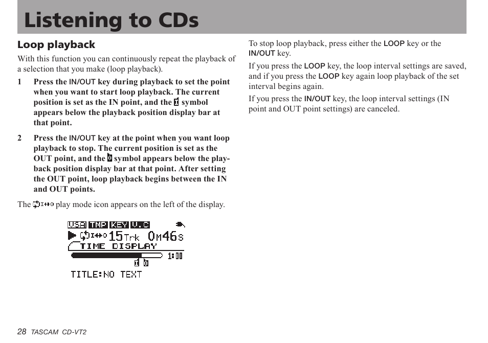 Loop playback, Loop.playback, Important safety precautions listening to cds | Teac CD-VT2 User Manual | Page 28 / 40