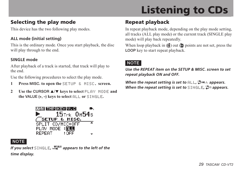 Selecting the play mode, Repeat playback, Selecting.the.play.mode | Repeat.playback, Important safety instructions, Listening to cds | Teac CD-VT2 User Manual | Page 29 / 40