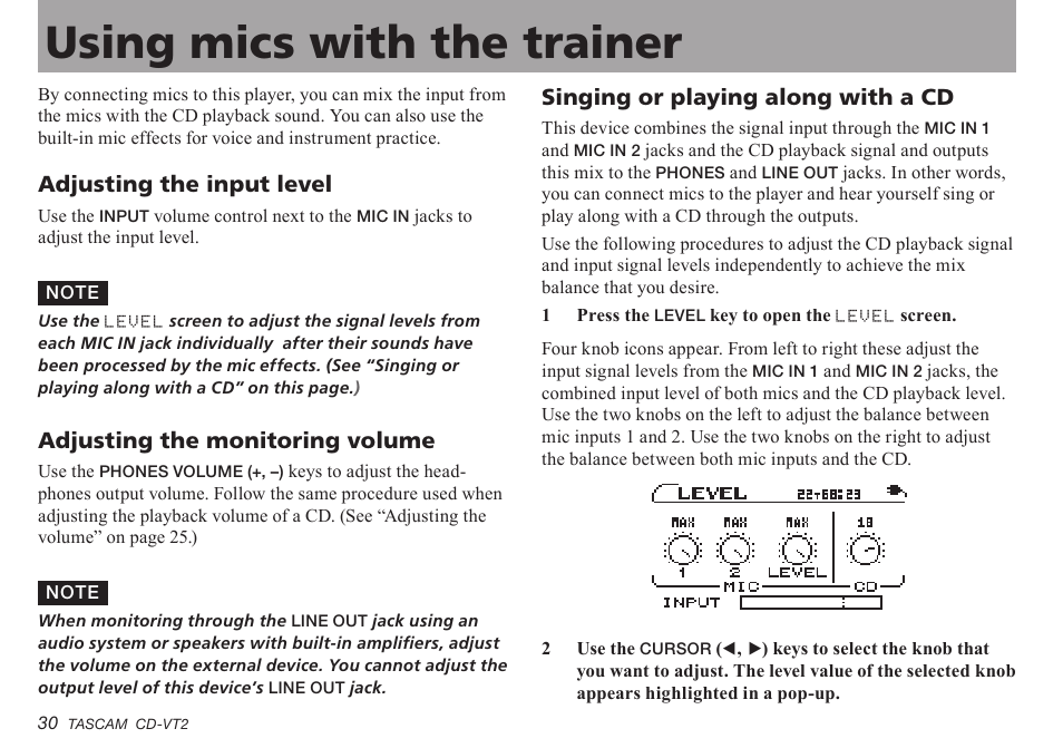 Using mics with the trainer, Adjusting the input level, Adjusting the monitoring volume | Singing or playing along with a cd, Adjusting.the.input.level, Adjusting.the.monitoring.volume, Singing.or.playing.along.with.a.cd | Teac CD-VT2 User Manual | Page 30 / 40