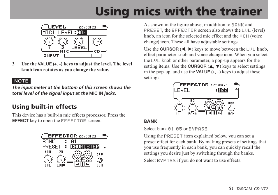 Using built-in effects, Using.built-in.effects, Important safety instructions | Using mics with the trainer | Teac CD-VT2 User Manual | Page 31 / 40