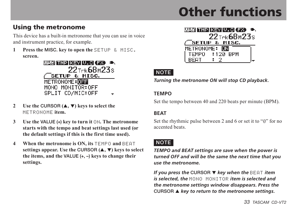 Other functions, Using the metronome, Using.the.metronome | Important safety instructions | Teac CD-VT2 User Manual | Page 33 / 40