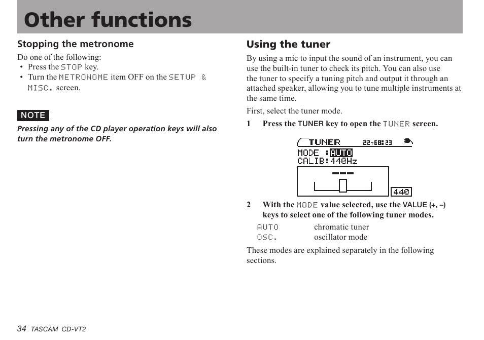 Stopping the metronome, Using the tuner, Stopping.the.metronome | Using.the.tuner, Important safety precautions other functions | Teac CD-VT2 User Manual | Page 34 / 40