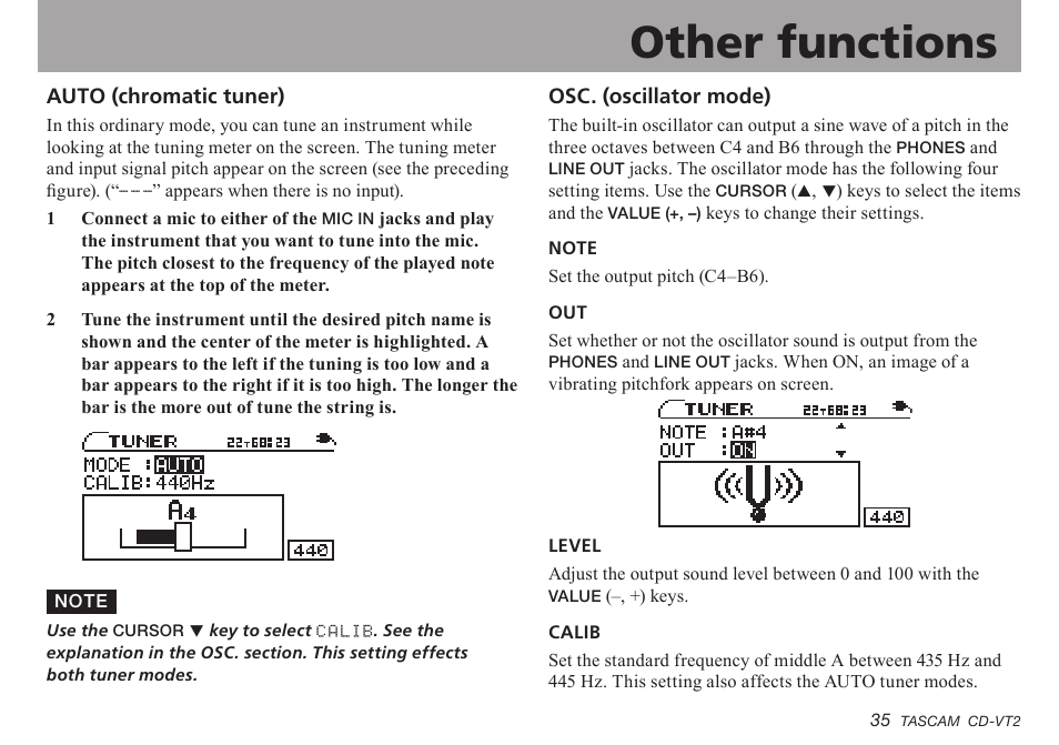 Auto (chromatic tuner), Osc. (oscillator mode), Auto.(chromatic.tuner) | Osc..(oscillator.mode), Important safety instructions, Other functions | Teac CD-VT2 User Manual | Page 35 / 40