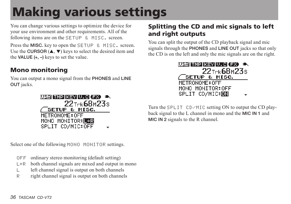 Making various settings, Mono monitoring, Mono.monitoring | Teac CD-VT2 User Manual | Page 36 / 40