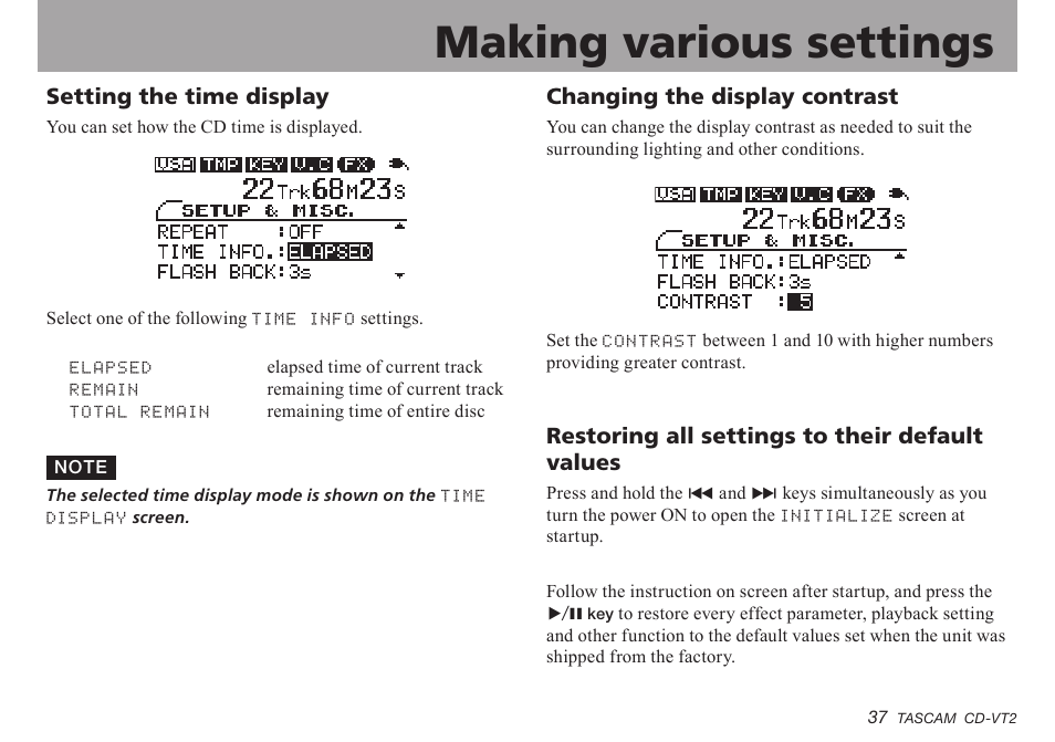 Setting the time display, Changing the display contrast, Restoring all settings to their default values | Setting.the.time.display, Changing.the.display.contrast, Restoring.all.settings.to.their.default.values, Important safety instructions, Making various settings | Teac CD-VT2 User Manual | Page 37 / 40