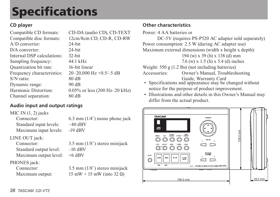 Specifications, Important safety precautions specifications | Teac CD-VT2 User Manual | Page 38 / 40