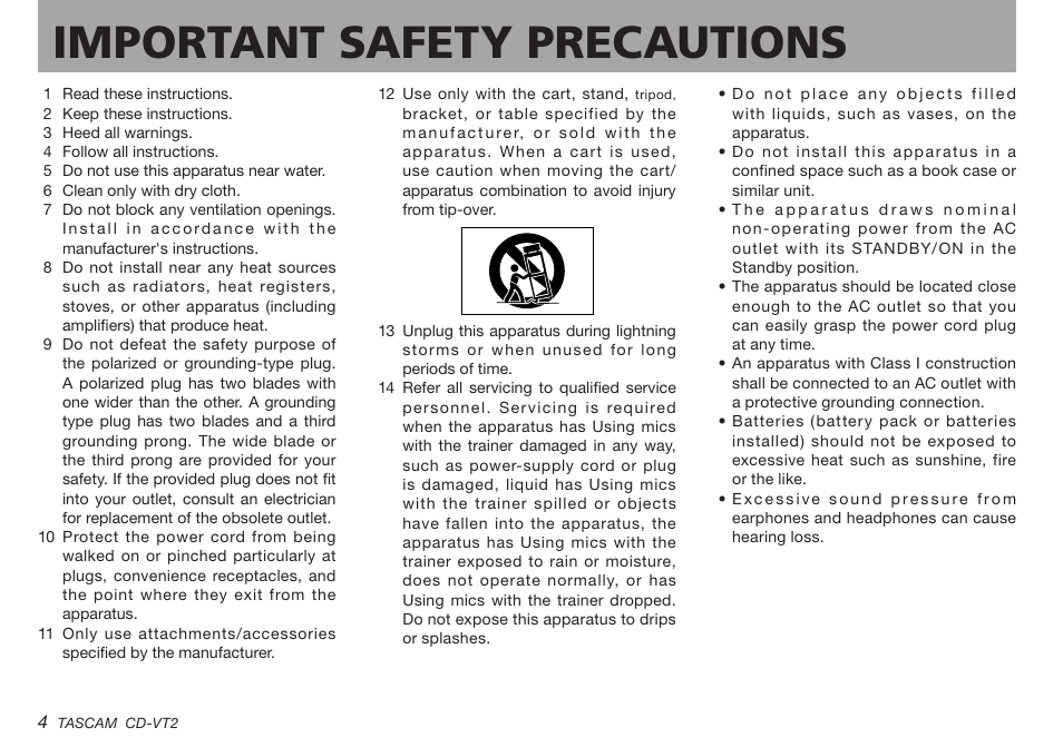 Important safety precautions | Teac CD-VT2 User Manual | Page 4 / 40