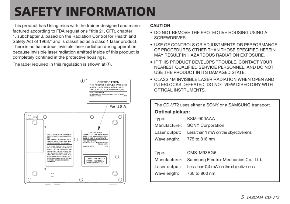 Important safety instructions, Safety information | Teac CD-VT2 User Manual | Page 5 / 40