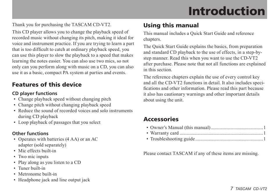 Introduction, Features of this device, Using this manual | Accessories, Features.of.this.device, Using.this.manual, Important safety instructions | Teac CD-VT2 User Manual | Page 7 / 40