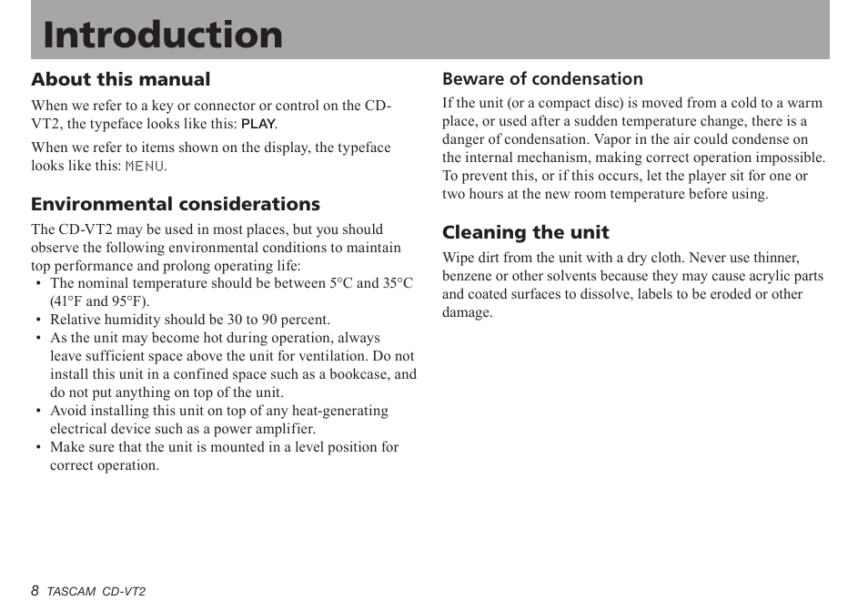 About this manual, Environmental considerations, Beware of condensation | Cleaning the unit, About.this.manual, Environmental.considerations, Beware.of.condensation, Cleaning.the.unit, Introduction | Teac CD-VT2 User Manual | Page 8 / 40