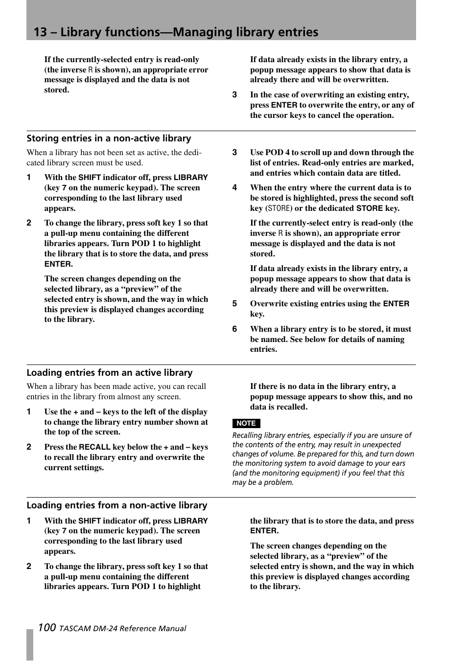 Storing entries in a non-active library, Loading entries from an active library, Loading entries from a non-active library | 13 – library functions—managing library entries | Teac DM-24 User Manual | Page 100 / 146