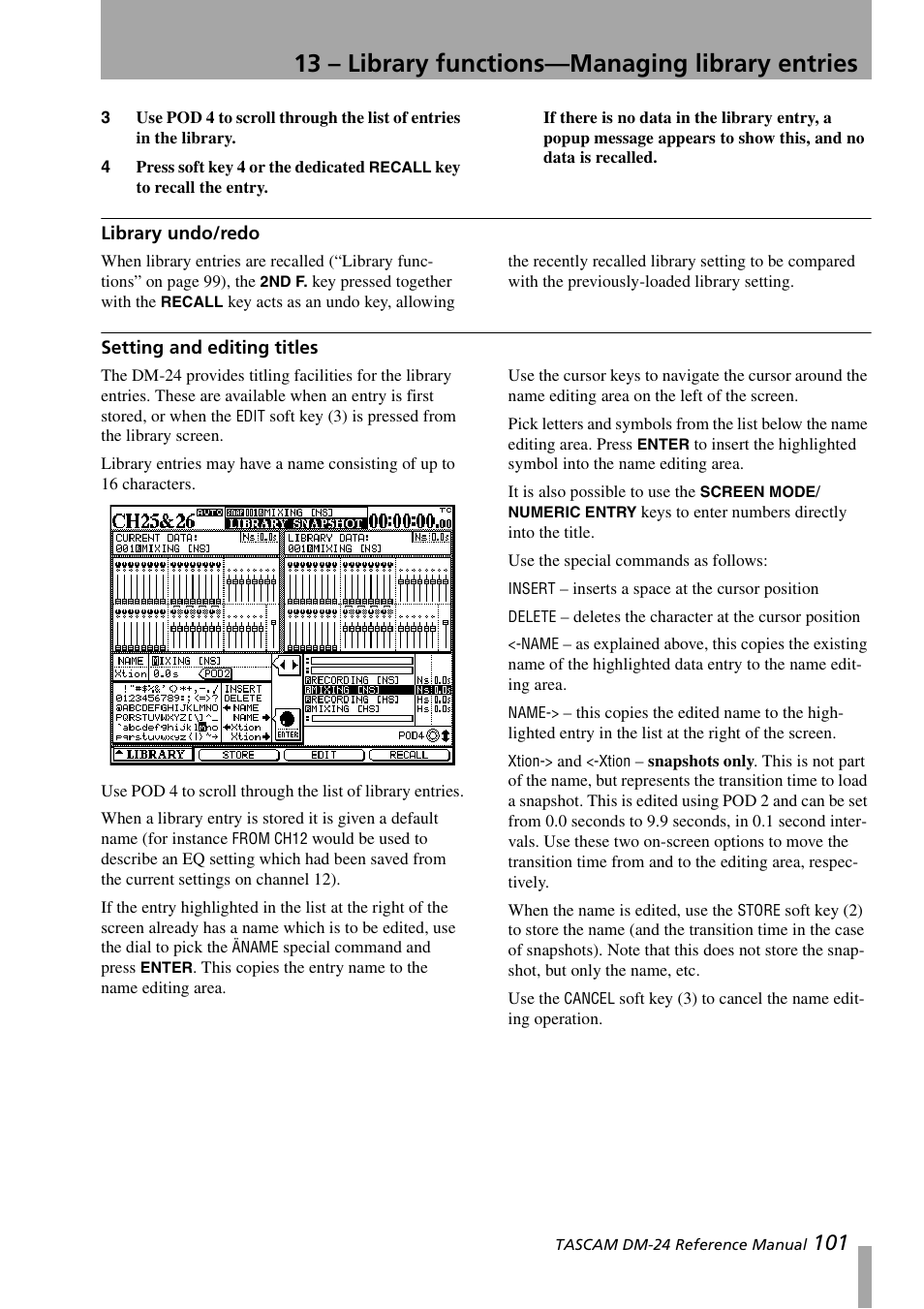 Library undo/redo, Setting and editing titles, Library undo/redo setting and editing titles | 13 – library functions—managing library entries | Teac DM-24 User Manual | Page 101 / 146