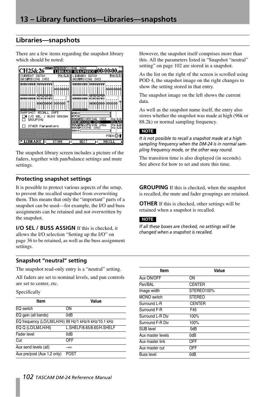 Libraries—snapshots, Protecting snapshot settings, I/o sel / buss assign | Grouping, Other, Snapshot “neutral” setting, I/o sel / buss assign grouping other, 13 – library functions—libraries—snapshots | Teac DM-24 User Manual | Page 102 / 146