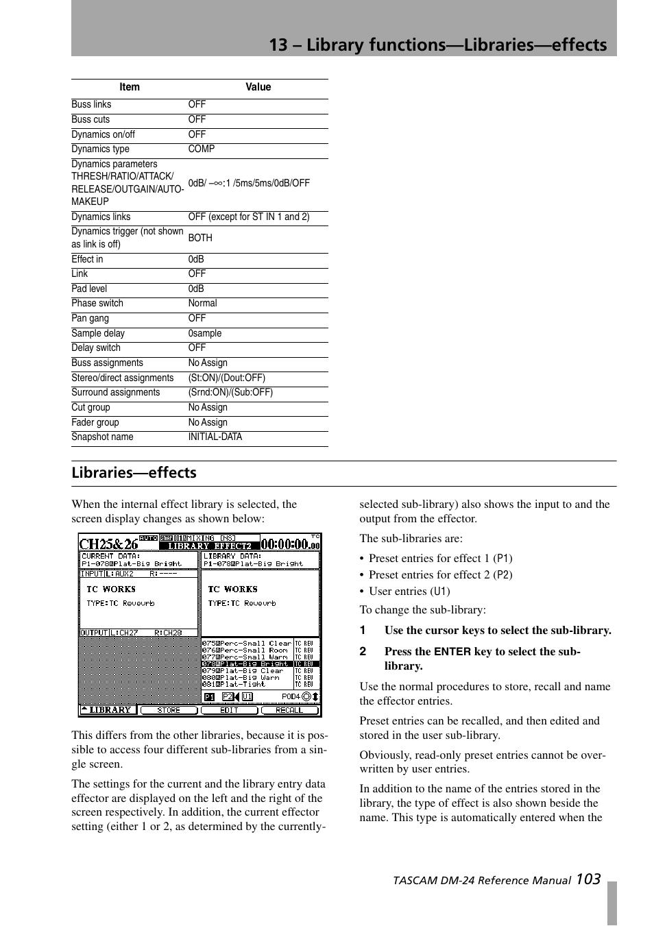 Libraries—effects, 13 – library functions—libraries—effects, 103 libraries—effects | Teac DM-24 User Manual | Page 103 / 146