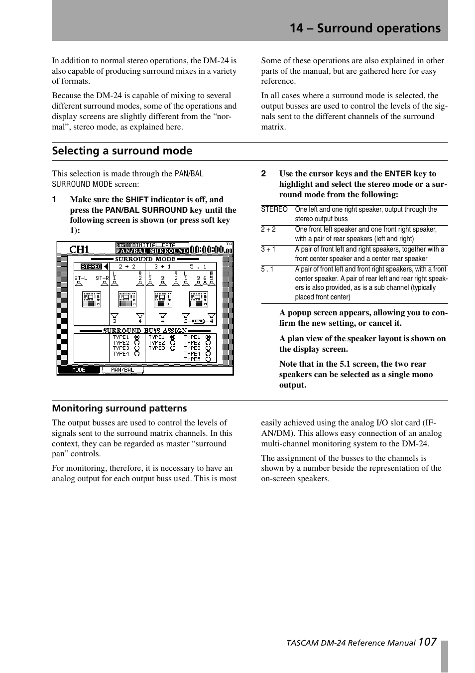 14 – surround operations, Selecting a surround mode, Monitoring surround patterns | Teac DM-24 User Manual | Page 107 / 146