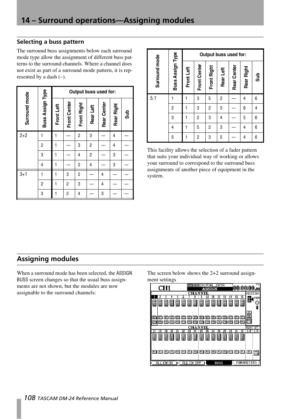 Selecting a buss pattern, Assigning modules, 14 – surround operations—assigning modules | Teac DM-24 User Manual | Page 108 / 146