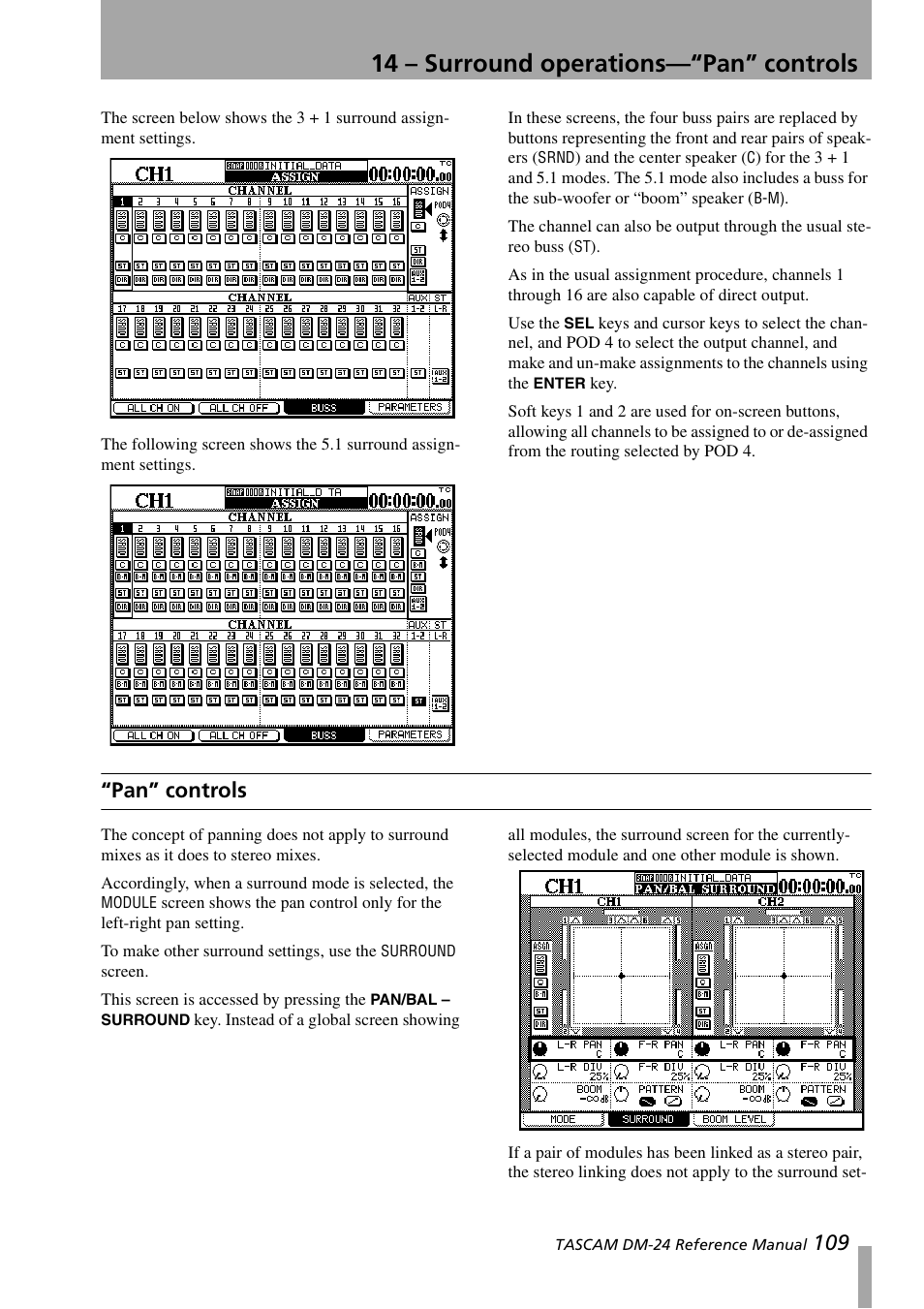 Pan” controls, 14 – surround operations—“pan” controls | Teac DM-24 User Manual | Page 109 / 146