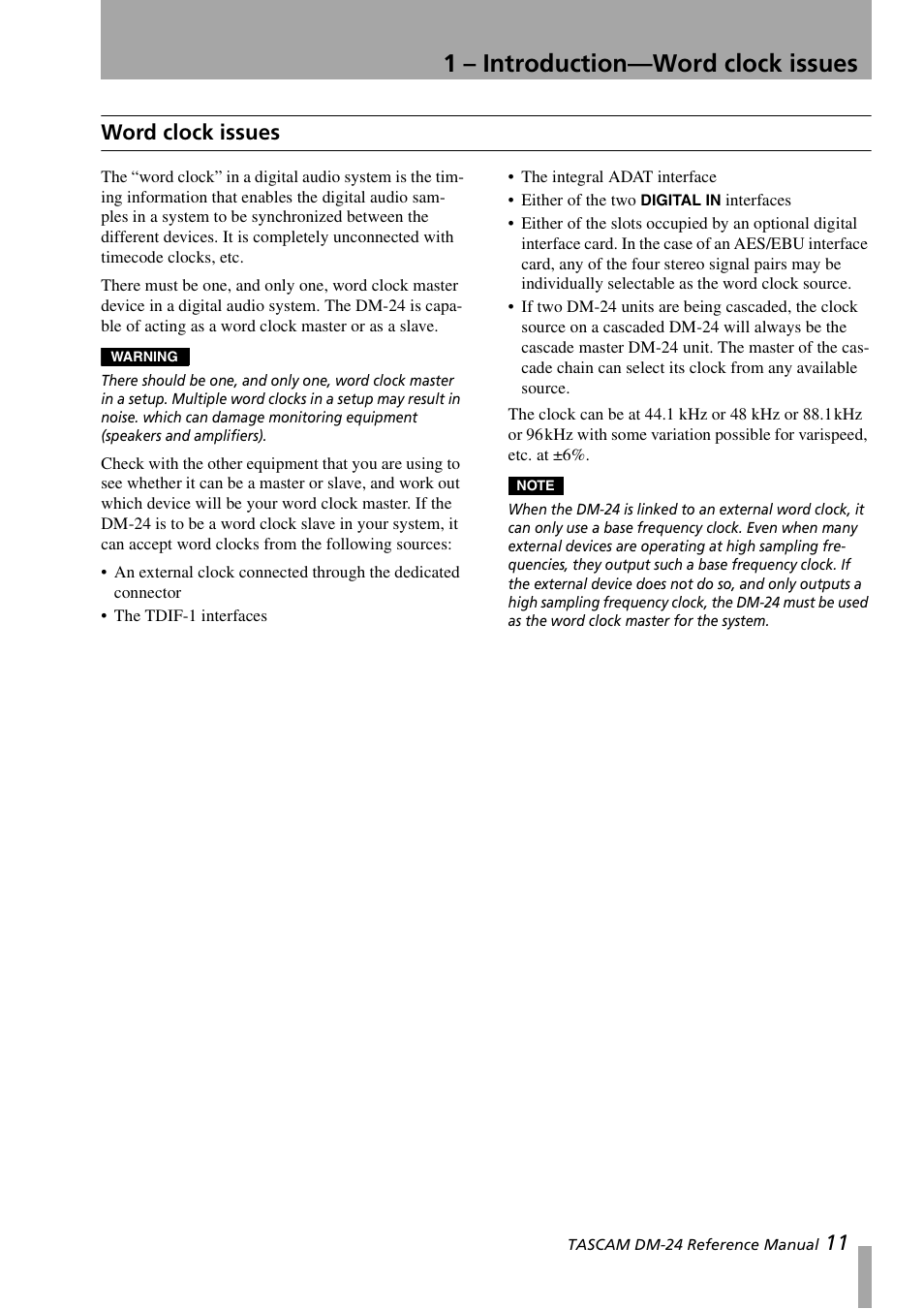 Word clock issues, 1 – introduction—word clock issues, 11 word clock issues | Teac DM-24 User Manual | Page 11 / 146