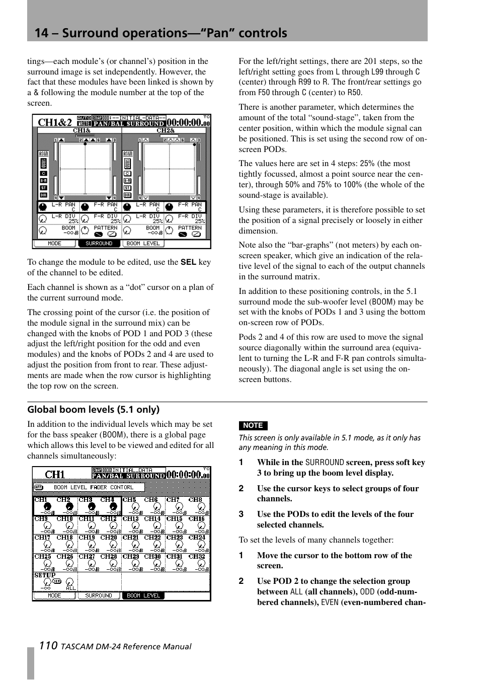 Global boom levels (5.1 only), 14 – surround operations—“pan” controls | Teac DM-24 User Manual | Page 110 / 146