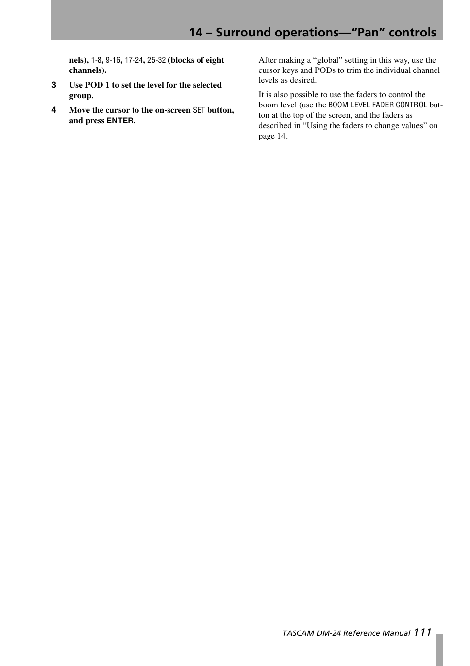 14 – surround operations—“pan” controls | Teac DM-24 User Manual | Page 111 / 146