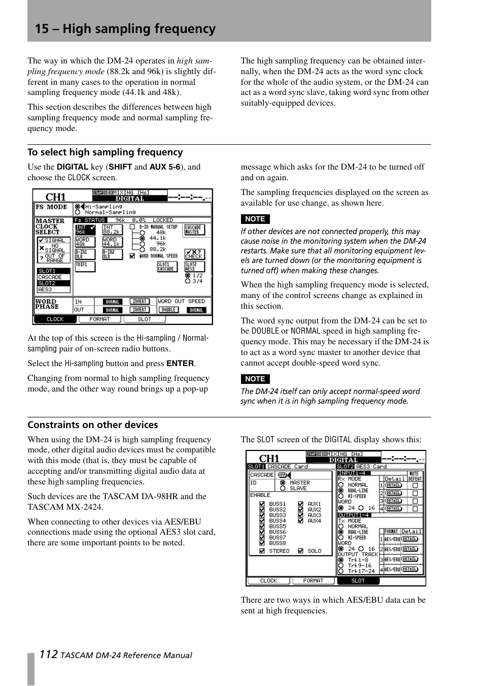 15 – high sampling frequency, To select high sampling frequency, Constraints on other devices | Teac DM-24 User Manual | Page 112 / 146