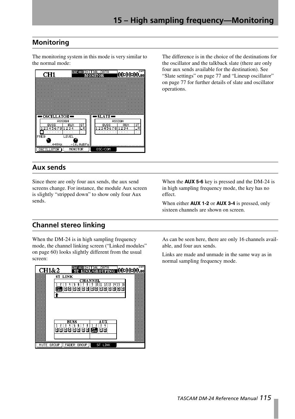 Monitoring, Aux sends, Channel stereo linking | 15 – high sampling frequency—monitoring, 115 monitoring | Teac DM-24 User Manual | Page 115 / 146