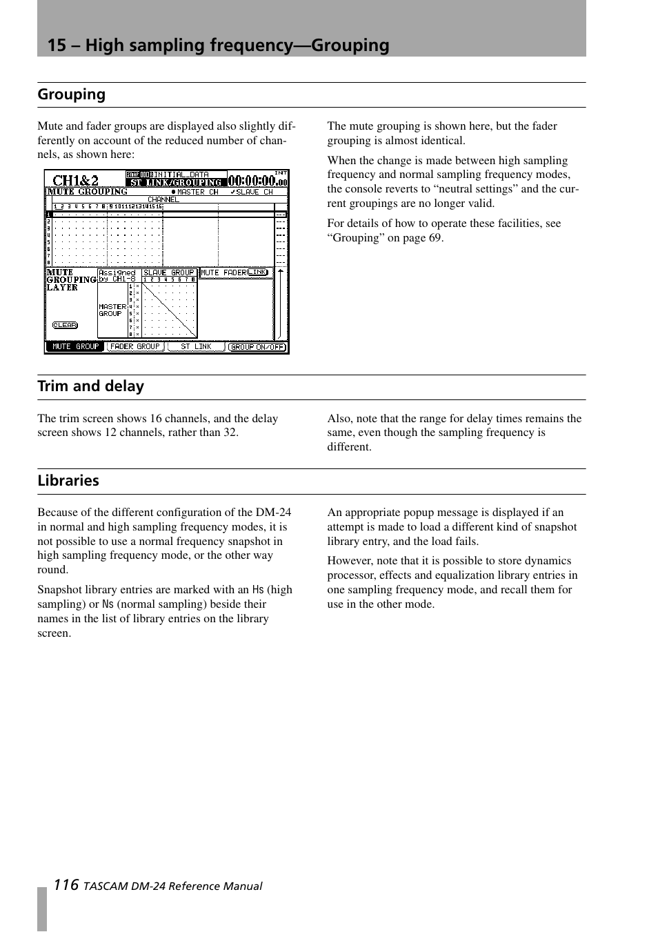 Grouping, Trim and delay, Libraries | 15 – high sampling frequency—grouping | Teac DM-24 User Manual | Page 116 / 146