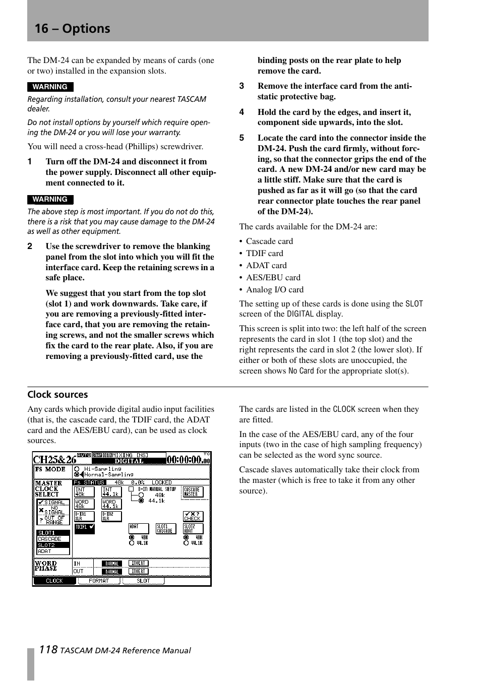 16 – options, Clock sources | Teac DM-24 User Manual | Page 118 / 146