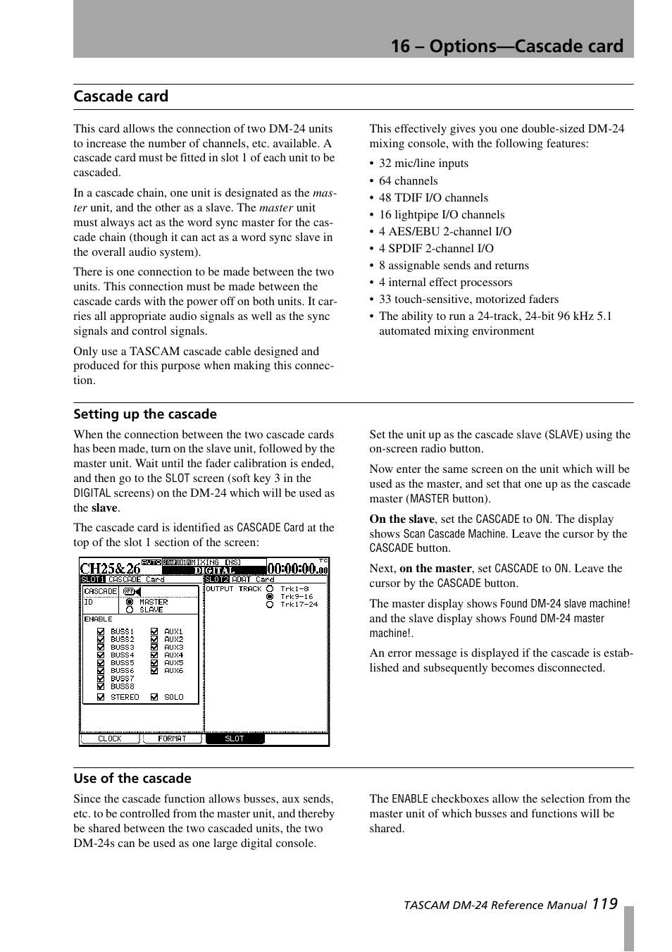 Cascade card, Setting up the cascade, Use of the cascade | Setting up the cascade use of the cascade, 16 – options—cascade card, 119 cascade card | Teac DM-24 User Manual | Page 119 / 146